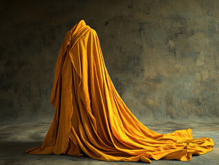 A headless figure is dramatically draped in flowing golden fabric against a textured dark gold background creating a mysterious and artistic image.