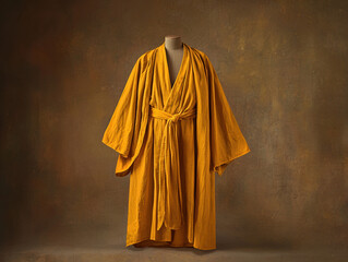A long golden robe, possibly a monk's or priest's robe, hangs elegantly on a simple mannequin against a textured brown background, ideal for religious or spiritual themed projects.