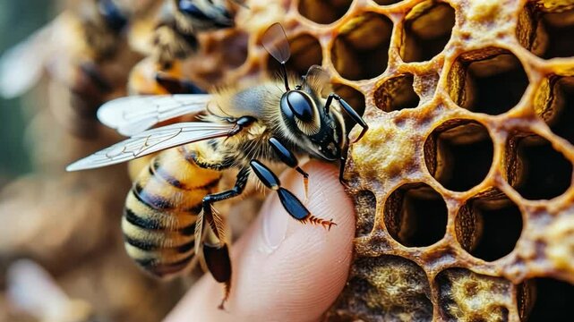Close-up Bee on Honeycomb: A detailed macro shot captures a honeybee perched on a honeycomb, highlighting its intricate structure and the bee's vital role in pollination.