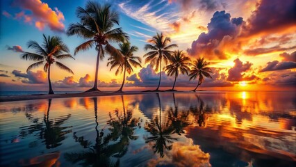 Serene Tropical Sunset Silhouetted Palm Trees Frame a Peaceful Beach Scene Reflecting a Vivid Sky on Calm Ocean