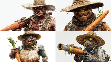 Four grotesque, anthropomorphic carrot-wielding creatures.