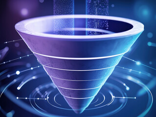 A futuristic digital sales funnel visualization with glowing lines and data streams representing a business marketing strategy and customer journey process.