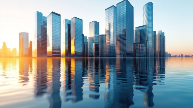 Sunrise cityscape reflection, waterfront, modern architecture, urban development, promotional use