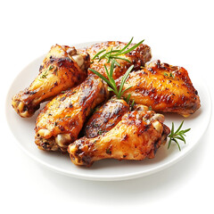 Golden and crispy chicken wings with a perfectly fried exterior and juicy meat inside, isolated white background, hyperrealism art style