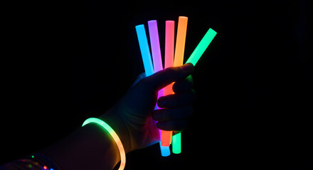 Neon Glow Sticks and Bracelet in Hand, Dark Background