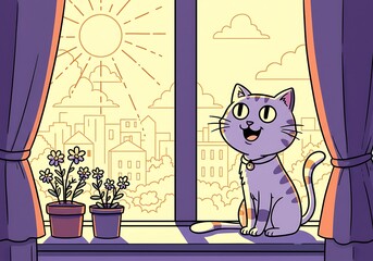 Smiling Cat Sitting by Window Enjoying Sunny Day in the City