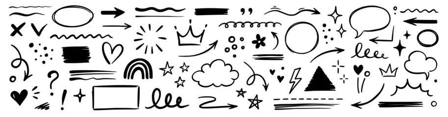 Line hand drawn brush marker underline, highlight, star element set. Hand drawn sketch marker underline shape, arrow, star scribble brush pen stroke icon highlight element. Vector illustration.