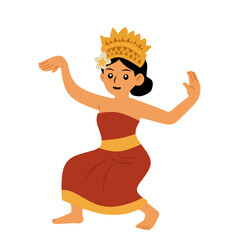 illustration of a traditional Balinese dancer in red costume with golden crown, performing a classical dance pose. Cultural character vector design, perfect for Indonesian heritage themes