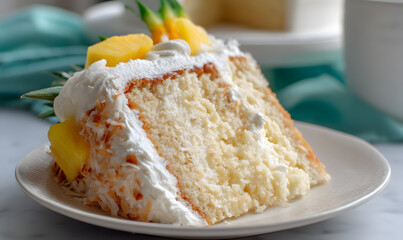 a slice of Hawaiian Wedding Cake With Whipped Cream, Generative AI