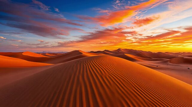 Breathtaking desert sunset landscape with rolling sand dunes, vibrant sky colors, and dramatic clouds creating serene atmosphere in nature.