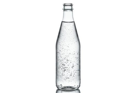 Clear glass bottle filled with sparkling water, isolated on a white background