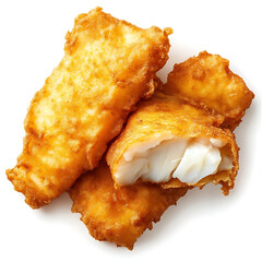 Golden and crispy cod fillets with a perfectly fried batter and flaky fish inside, isolated white background, modern art style