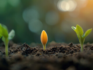A tiny seedling sprouts from rich dark soil illuminated by warm sunlight symbolizing growth progress and the power of nature's resilience against all odds.