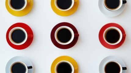 Colorful coffee cups arranged in a geometric pattern on a white surface for modern cafe art
