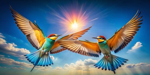 Obraz premium Majestic Birds Soaring in a Pristine Blue Sky A Captivating Aerial View of Freedom and Serenity