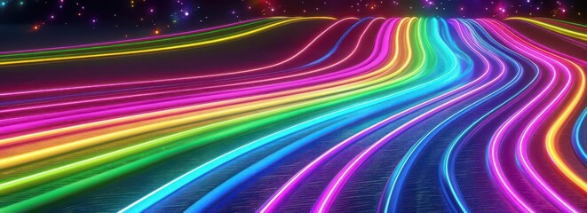 A vibrant, colorful abstract design featuring flowing neon lines against a dark background.