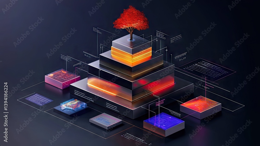 Poster futuristic visualization of business hierarchy and process automation workflow.
