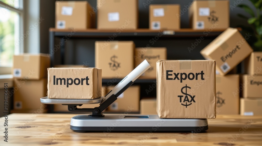 Poster a balance scale with import and export boxes symbolizing trade and logistics.