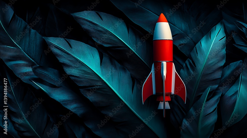 Poster rocket launch amidst dark teal foliage. a small, red rocket is positioned amidst a dense array of da