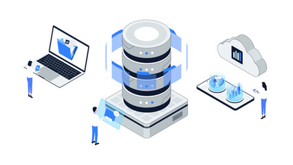 Cloud Computing and Database Management Isometric Vector Illustration. Online Data Analysis, Backup, Document Storage, App and Server Technology Concept.