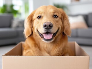 Relaxed dog enjoying comfort in cardboard box amid household items in living room during moving preparations