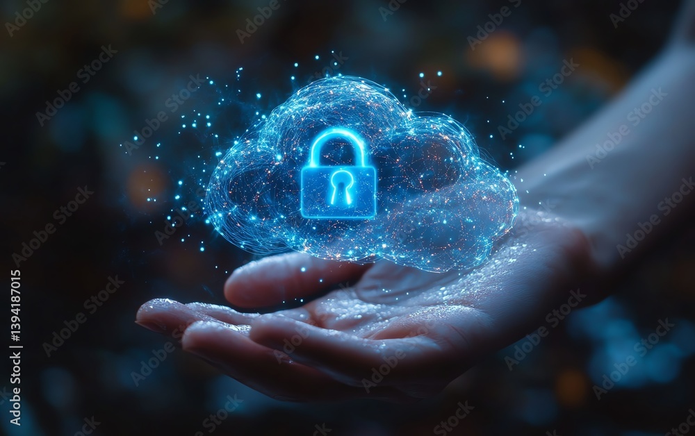 Poster secure cloud data protection in hand. digital security concept.