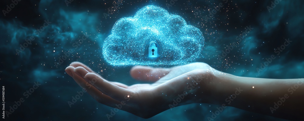 Poster secure cloud data in hand. digital safety.