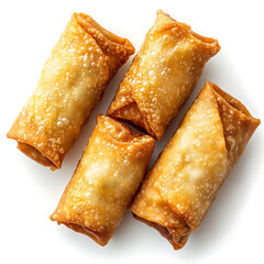 Golden and crispy egg rolls with a perfectly fried coating and savory filling inside, isolated white background, modern art style