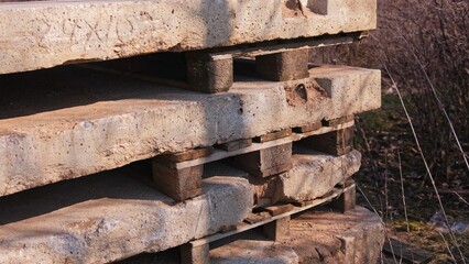 Precast Construction Elements Reinforced Concrete Slabs Stacked at Construction Site