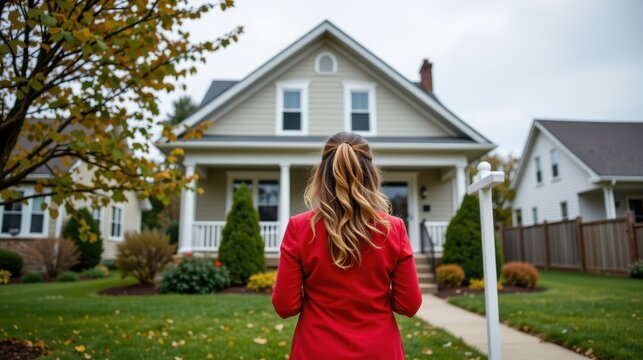 A woman in a red jacket stands in front of a charming suburban home.