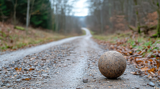 A weathered stone sphere rests on a damp gravel road disappea into a serene autumnal forest with blurred background trees.