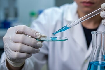 Scientist In Lab Coat Drops Blue Liquid Onto Glass Slide Using Pipette