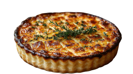 Savory Quiche: A freshly baked quiche, showcasing its golden crust, filled with savory ingredients and garnished with fresh herbs. A culinary masterpiece ready to be served and enjoyed.