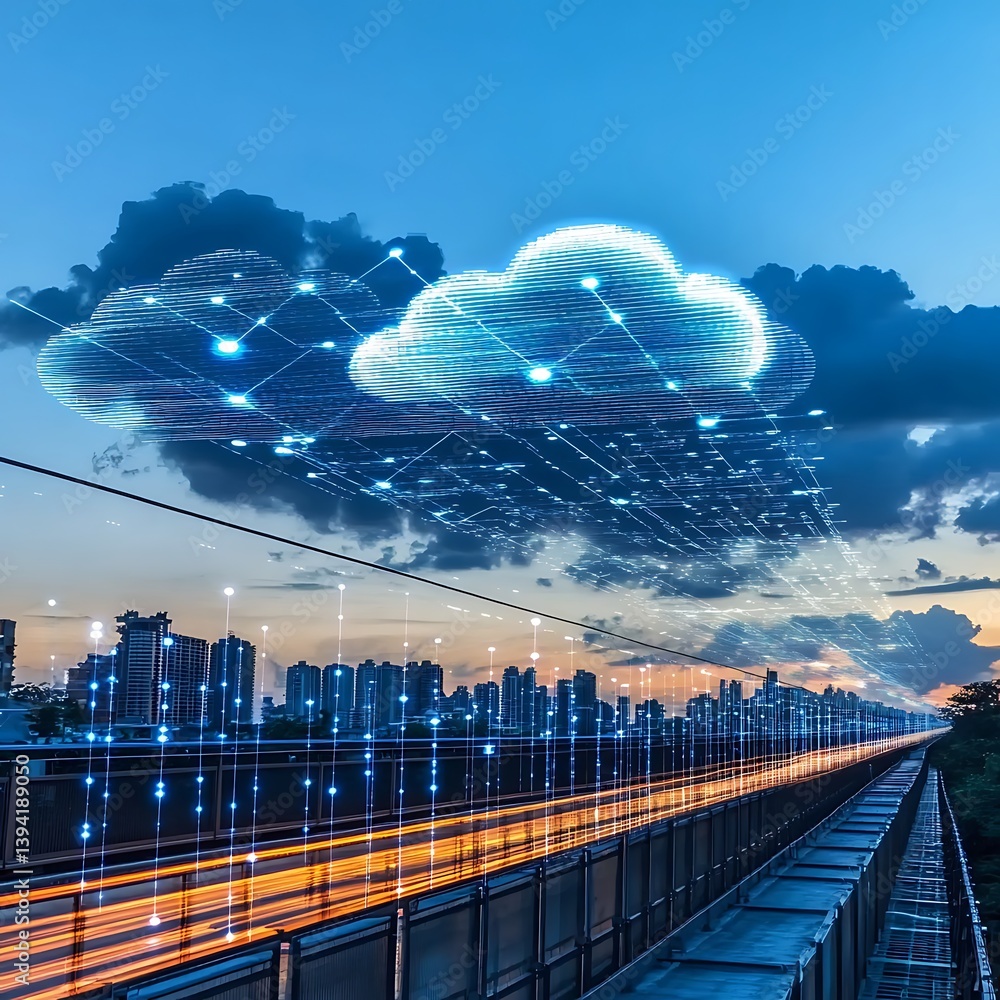 Poster cloud computing services over a city skyline at twilight. data flowing between the cloud and urban i
