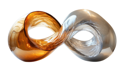 Infinite Sculpture: Two interconnected, lustrous sculptures in gold and silver, representing the concept of infinity with their flowing forms, stand prominently against an isolated background.