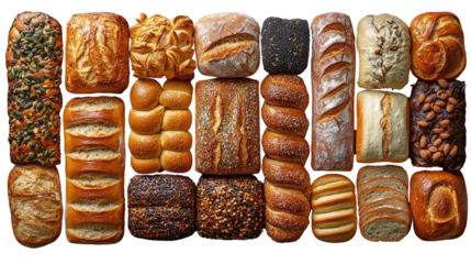 Artisan Breads: A top-down view showcases a stunning array of freshly baked artisan bread loaves, each with a unique texture and enticing appearance, perfect for a gourmet food.