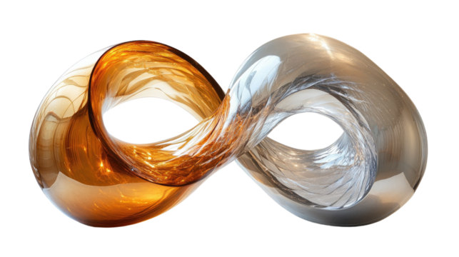 Infinite Sculpture: Two interconnected, lustrous sculptures in gold and silver, representing the concept of infinity with their flowing forms, stand prominently against an isolated background.