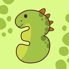 Number 3 Shaped Cartoon Dinosaur with Green Spots and Orange Spikes on a Light Green Background