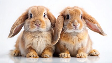 Fototapeta premium Captivating Long Exposure Portrait of Two Mini Lop Rabbits against a Pristine White Background A Study in Adorable