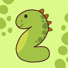 Number 2 Shaped Cartoon Dinosaur with Green Spots and Orange Spikes on a Light Green Background
