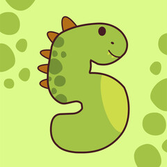 Number 5 Shaped Cartoon Dinosaur with Green Spots and Orange Spikes on a Light Green Background