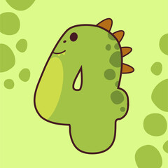 Number 4 Shaped Cartoon Dinosaur with Green Spots and Orange Spikes on a Light Green Background