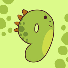 Number 9 Shaped Cartoon Dinosaur with Green Spots and Orange Spikes on a Light Green Background