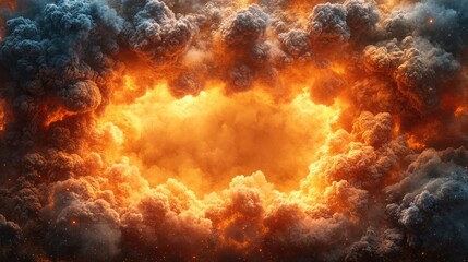 Fiery cloud explosion, intense orange glow, smoky sky, dramatic effect, abstract