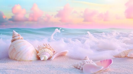 Seashells on Serene Shoreline: Delicate seashells scattered on a tranquil sandy beach, the soft ocean waves gently caressing the shore beneath a pastel sky. A moment of peaceful coastal beauty.