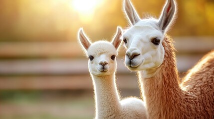 Fototapeta premium Adorable baby and mother llama in sunlit pasture. Mother's Day, Mothering Sunday, Dia de la Madre - Global Maternal Celebration, Worldwide Family Holiday