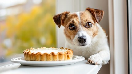 A dog eagerly sniffing a pie on the windowsill 