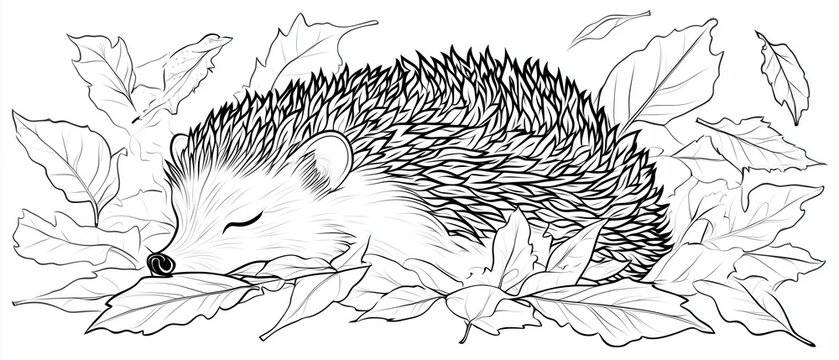 A cute hedgehog curled up among autumn leaves, with soft, bold outlines for easy coloring, black and white.