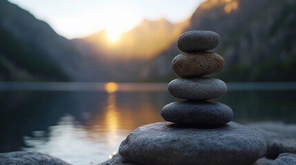 Stones balanced atop each other by lake at sunrise