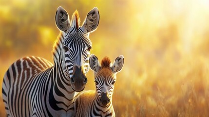 Zebras in sunlit grassland: adult and young zebra duo in peaceful natural habitat. Mother's Day, Mothering Sunday, Dia de la Madre - Global Maternal Celebration, Worldwide Family Holiday